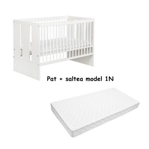 Patut + saltea + Lenjerie de pat cu apărătoare împletită în 4 Roz somon- alb + pernuțe personalizate Deseda