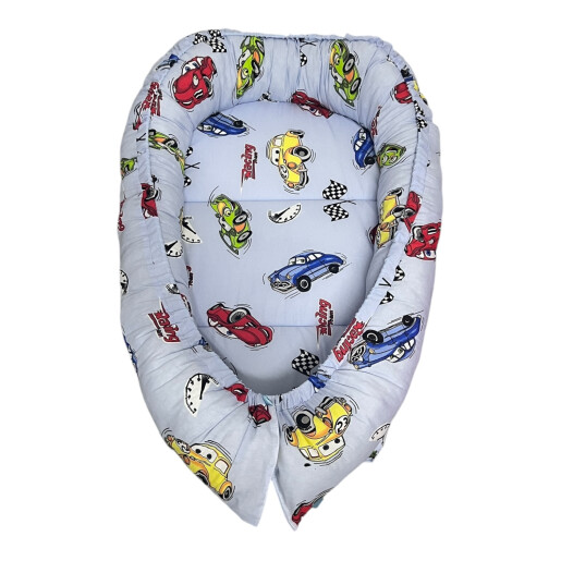 Patut bebe + saltea + Lenjerie de pat CN Cars + cuib + prosop de baie + perna personalizata
