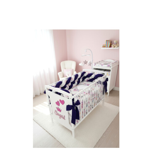 OTL Lenjerie cu apărătoare împletită în 4, 240 cm + cuib + cearșaf + plăpumioară + pernuta slim Deseda Violet inchis - flori 