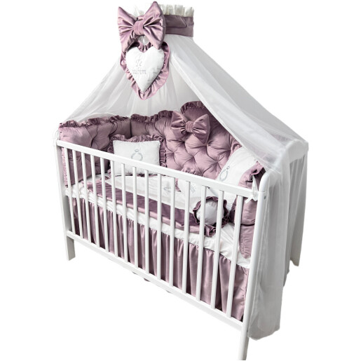 Pătuț bebe + saltea + Lenjerie pătuț bebeluși din Catifea ALEGE CULOAREA cu  baldachin și apărători matlasate, cearșaf, păturică și pernuta din catifea 