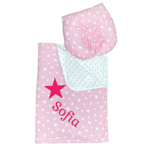 Set 2 piese Paturica dubla de iarna 90x70 cm cu perna formare cap Deseda Minky colorat - Steluțe