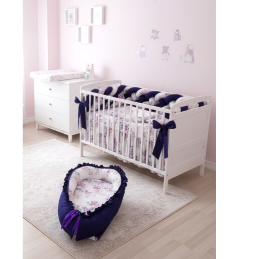 OTL Lenjerie cu apărătoare împletită în 4, 240 cm + cuib + cearșaf + plăpumioară + pernuta slim Deseda Violet inchis - flori 