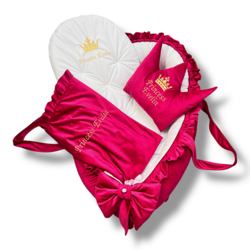 Cuib Babynest Personalizat Princess din Catifea Roz ciclam si alb, cu salteluta matlasata detașabilă
