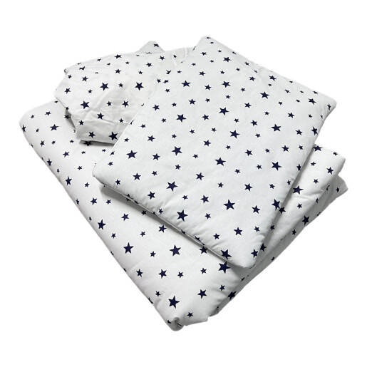OTL Lenjerie 3 piese pat bebeluși 120x60 cm, cu cearșaf, plăpumioară și pernuta slim Steluțe bleumarin pe alb