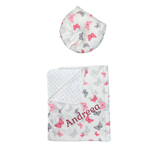 Set 2 piese Paturica dubla de iarna 90x70 cm cu perna formare cap Deseda Minky alb- Fluturași gri - roz