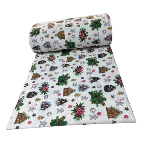 Cearsaf de pat din Finet - Flanel de iarna, cu elastic roata, Căsuțe de turta dulce