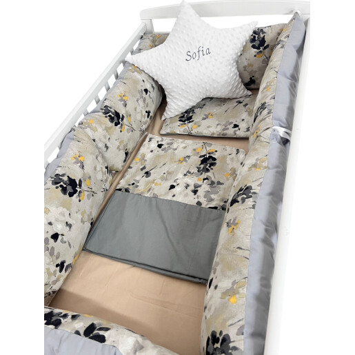 OTL Lenjerie cu 6 bucati Perne Lungi protectii laterale patut, cearșaf, păturică și pernuta Deseda Fantezie gri + perna stea personalizata