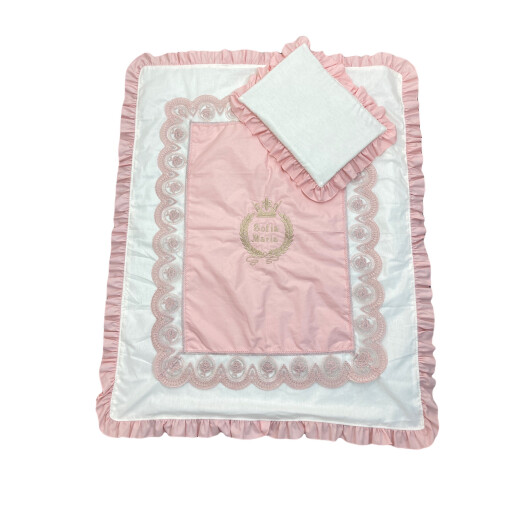Paturica Personalizata pentru bebeluși cu dantela și volanase din bumbac Roz pudra - ivory