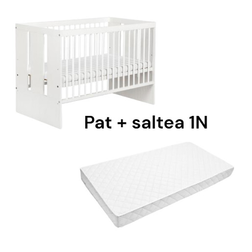 Pat + saltea + Lenjerie de pat cu apărători matlasate Prince albastru pal+ baldachin cu dantela și suport