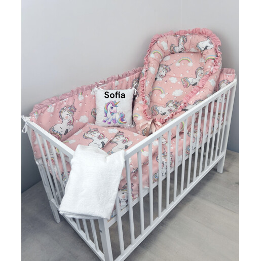 Patut bebe + saltea + Lenjerie de pat CN Unicorni + cuib + prosop de baie