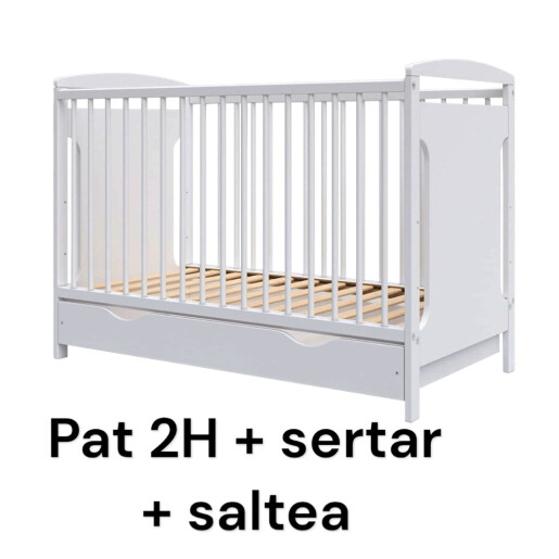 Pat + saltea + Lenjerie de pat cu 4 apărători matlasate Bicolore și o apărătoare împletită cu fundițe Roz baby - alb