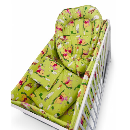 Patut bebe + saltea + Lenjerie de pat CN Winnie pe verde + cuib + prosop de baie + perna personalizata