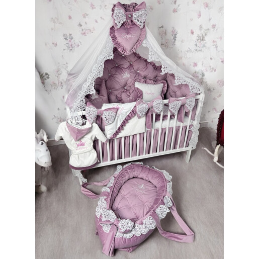 Pat + saltea + Lenjerie de pat din Catifea cu apărători matlasate Pricess  + baldachin cu dantela și suport + cuib cu desfacere asortat + set de baie