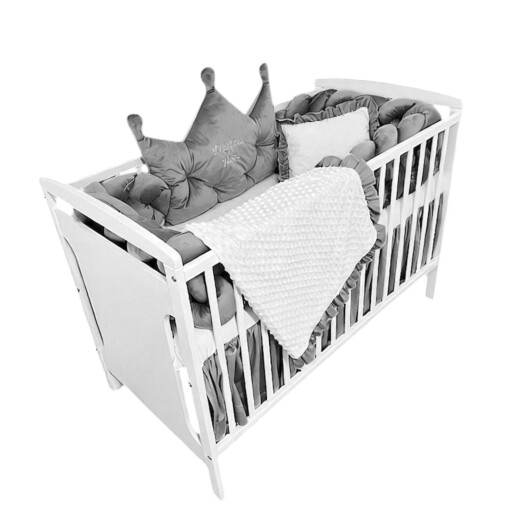 Pat + saltea + Lenjerie de pat cu Coroniță catifea + apărătoare din catifea împletită in 4, Velvet Gri