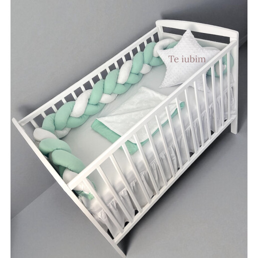 Apărătoare laterala pat bumper împletită 240 cm, 2 în 1, Deseda Verde menta pal - alb