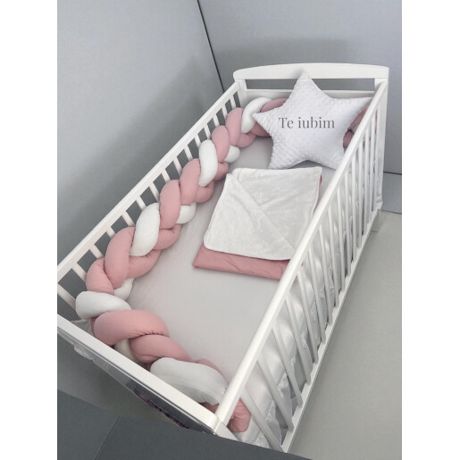 Apărătoare laterala pat bumper împletită 240 cm, 2 în 1, Deseda Roz pudra - alb