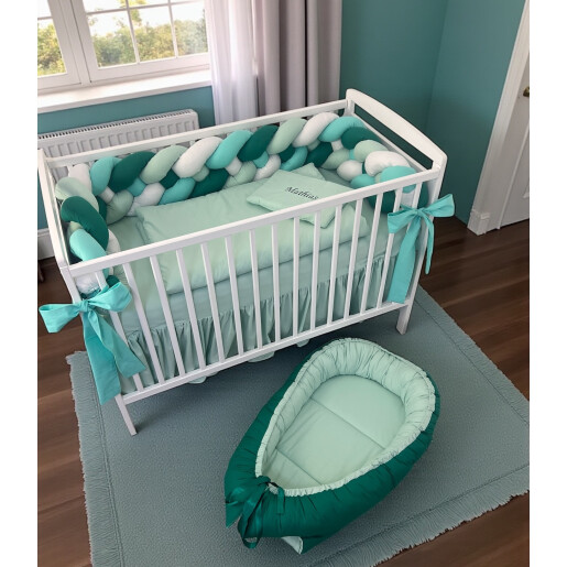 Lenjerie cu apărătoare împletită în 4, 240 cm + cearșaf + plăpumioară + pernuta slim Deseda Mix Verde