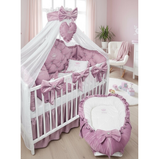 Pat + Saltea + Lenjerie pătuț bebeluși Princess Lux din Catifea cu apărători matlasate, cearșaf, păturică și pernuta și baldachin cu suport + cuib cu defacere Deseda Catifea roz pudrat