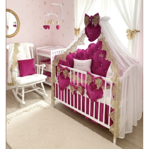 Pat + Saltea + Lenjerie pătuț bebeluși Prince din Catifea cu apărători matlasate, cearșaf, cuvertură pat și pernuta și baldachin cu suport 