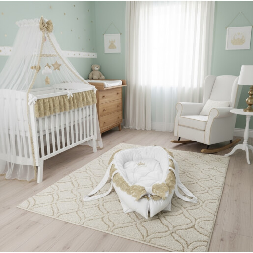 Cuib baby nest bebelusi DeLuxe din Catifea, Personalizat si cu dantela aurie, mânere, salteluta matlasata detașabilă Deseda Alb