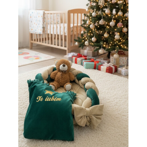 Cuib transformabil cu laterala împletită + paturica personalizata Deseda Catifea Verde crud- auriu