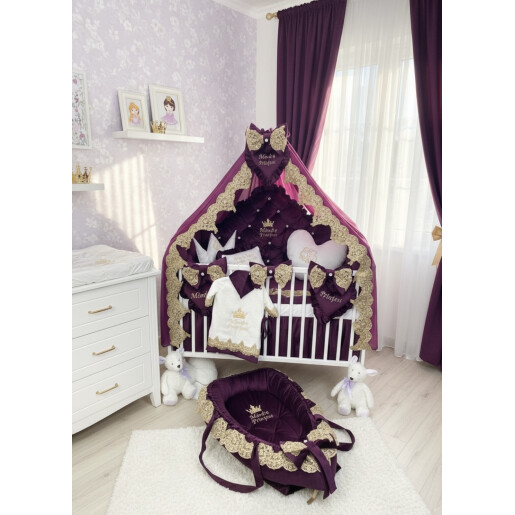 Pat + Saltea + Lenjerie pătuț bebeluși Prince din Catifea cu apărători matlasate, cearșaf, cuvertură pat și pernuta și baldachin cu suport 