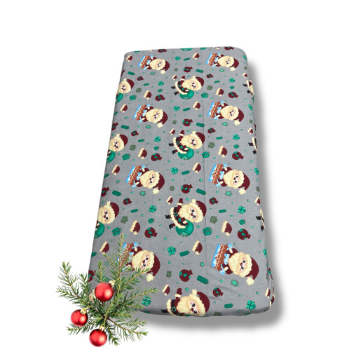 Cearsaf de pat din Finet - Flanel de iarna, cu elastic roata, Mos Craciun pe gri