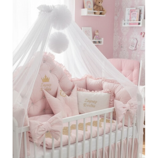 Pat + saltea + Lenjerie de pat cu apărători matlasate Coronita printesei Roz baby pal+ baldachin cu dantela și suport