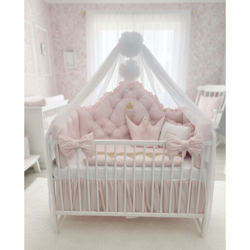 Pat + saltea + Lenjerie de pat cu apărători matlasate Coronita printesei Roz baby pal+ baldachin cu dantela și suport