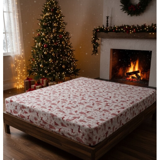 Cearsaf de pat din Finet - Flanel de iarna, cu elastic roata, Reni pe rosu