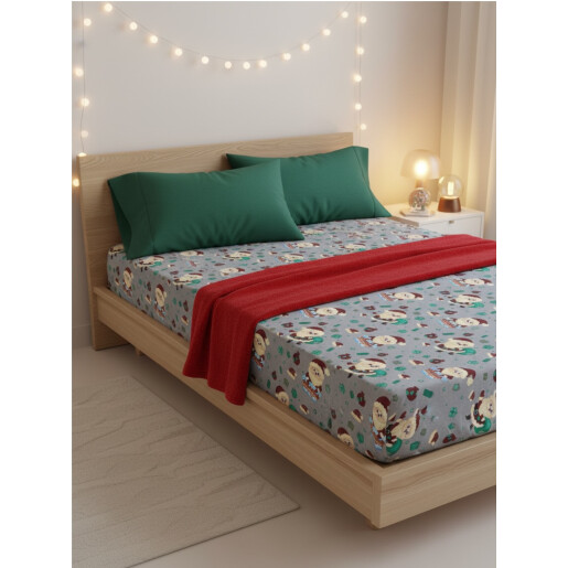 Cearsaf de pat din Finet - Flanel de iarna, cu elastic roata, Mos Craciun pe gri