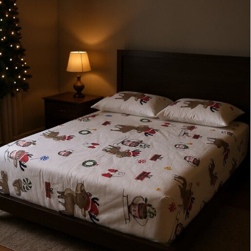 Cearsaf de pat din Finet - Flanel de iarna, cu elastic roata, Reni mari