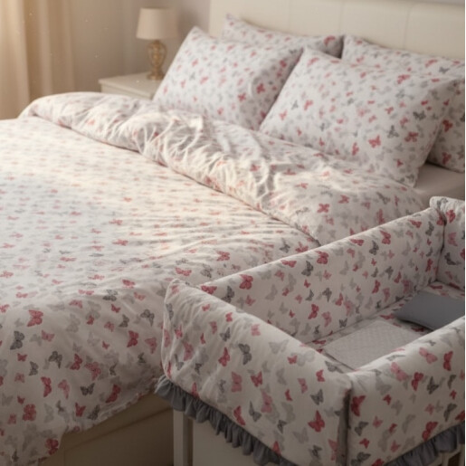 Lenjerie de pat cu aparatori Maxi cu volanas Fluturasi + lenjerie pat matrimonial Momente Deseda