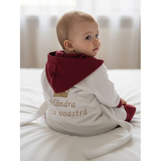 Set Halat capot de baie bebeluși Personalizat + Prosop cu capison, din frotir de bumbac cu catifea Deseda Bleumarin