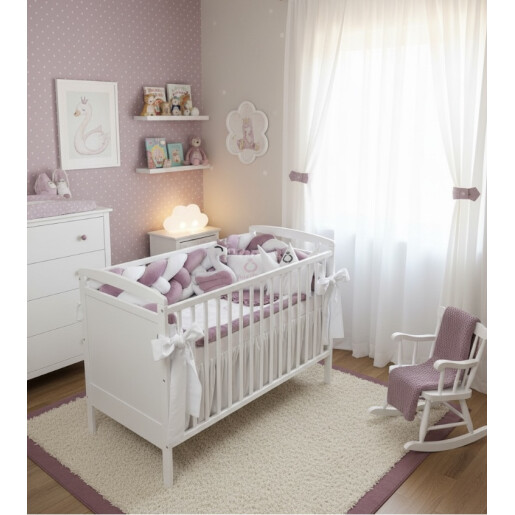 Lenjerie cu apărătoare împletită în 4, 240 cm, din CATIFEA + cearșaf + plăpumioară + pernuta slim Deseda LUX Roz pudra - alb