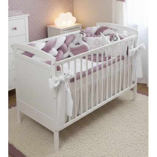 Pat + saltea + Lenjerie cu apărătoare împletită în 4, 240 cm, din CATIFEA + cearșaf + plăpumioară + pernuta slim Deseda LUX Roz pudrat - alb