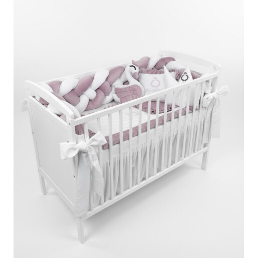 Lenjerie cu apărătoare împletită în 4, 240 cm, din CATIFEA + cearșaf + plăpumioară + pernuta slim Deseda LUX Roz pudra - alb