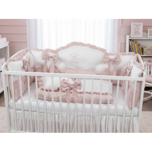 Pat + saltea + Lenjerie de pat cu apărători matlasate boltite, fundițe, 7 piese Roz pudrat - Alb
