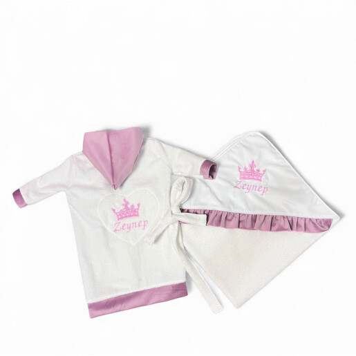 Set Halat capot de baie bebeluși Personalizat + Prosop cu capison, din frotir de bumbac cu catifea Deseda Roz pudrat