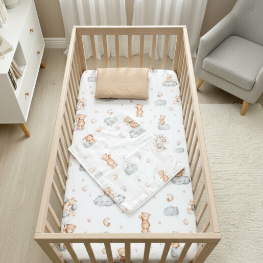 Set 3 piese cu cearsaf paturica si perna Ursi pe nori