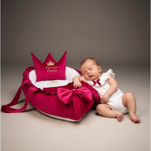 Cuib Babynest Personalizat Princess din Catifea Roz ciclam si alb, cu salteluta matlasata detașabilă