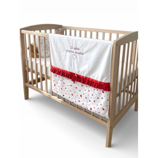Set 4 piese Cuib baby nest bebelusi cu volanase + paturica + pernuta formare cap, Inimioare rosii LUX by Deseda