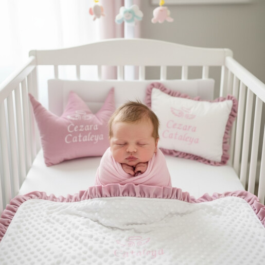 Paturica Personalizata din catifea si mincky alb, cu volanase asortate