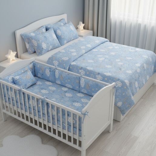 Lenjerie de pat cu aparatori pufoase Nori cu luna + lenjerie pat matrimonial Momente Deseda