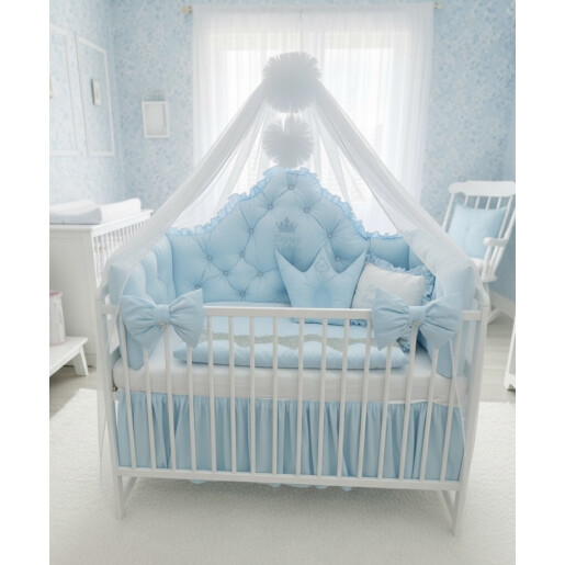 Pat + saltea + Lenjerie de pat cu apărători matlasate Coronita printesei Baby blue + baldachin cu pompoane și suport