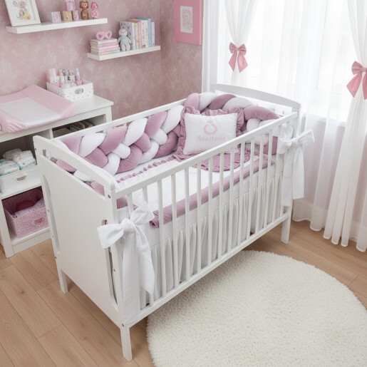 Pat + saltea + Lenjerie cu apărătoare împletită în 4, 240 cm, din CATIFEA + cearșaf + plăpumioară + pernuta slim Deseda LUX Roz pudrat - alb