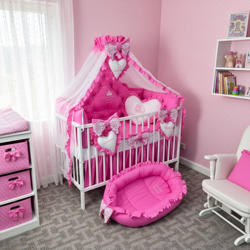 Pat + saltea + Lenjerie de pat cu apărători matlasate Princess + baldachin cu volanase și suport