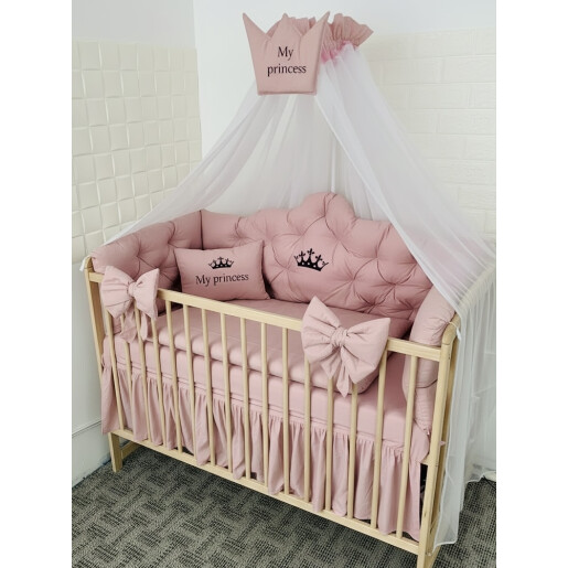 Pat + saltea + Lenjerie de pat Minunea mea, cu apărători matlasate + lenjerie cu fundițe+ baldachin cu suport și inimioara Roz pudra