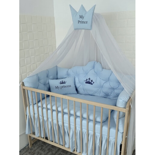 Pat + saltea + Lenjerie de pat Minunea mea, cu apărători matlasate+ lenjerie cu fundițe+ baldachin cu suport și inimioara Baby blue