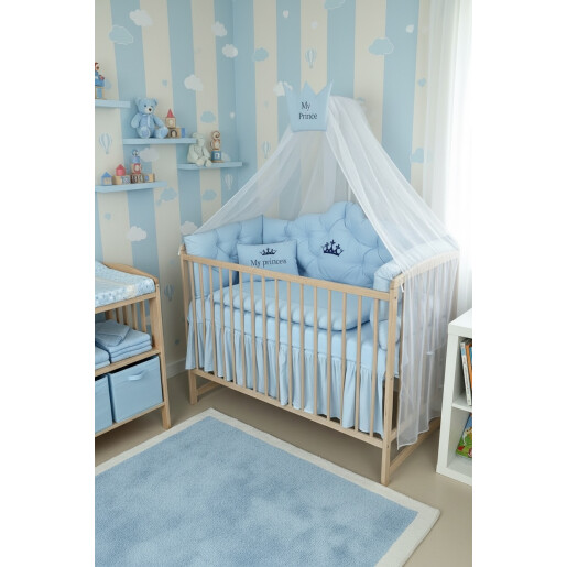 Pat + saltea + Lenjerie de pat Minunea mea, cu apărători matlasate+ lenjerie cu fundițe+ baldachin cu suport și inimioara Baby blue
